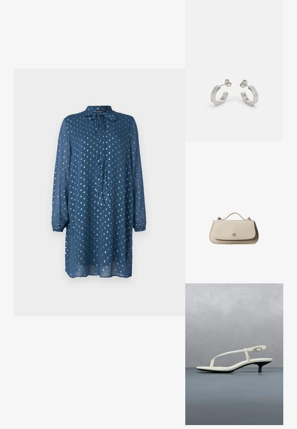 Blaues, langärmeliges Kleid aus leichtem Stoff mit einer Schleifen-Nackenpartie. Hat ein Punktmuster und einen leicht lockeren Sitz, der bis zur Mitte des Oberschenkels reicht.; Weiße Riemchenpantolette mit kitten heel und spitz zulaufender Zehenpartie, schwebt über einem Holzkachelboden im Freien mit verschwommenem Pflanzen- und Wandhintergrund.; Kleine beigefarbene Lederhandtasche mit oberem Griff und silbernem CK-Logo auf der Frontklappe, vor weißem Hintergrund dargestellt.; Silberne Metall-Hoops mit strukturiertem Design, ausgestattet mit einem kleinen Steckverschluss und Branding an einem Hoop. Abgerundete Form mit glänzender Oberfläche.
