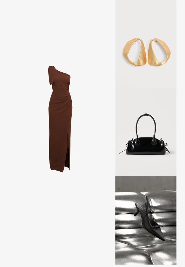 Bruin, een-schouder jurk met geplooide details, een zijsplit en een aansluitende pasvorm van glad, rekbaar materiaal.; Zwarte slingback pumps met spits toelopende neus en een klein strikje, rustend op glanzende zilverkleurige getufte leren bekleding.; Kleine zwarte glanzende handtas met twee lange hengsels en zijkant trekkoord details op een effen lichte achtergrond.; Een paar onregelmatige, asymmetrische gouden oorringen met een gladde, matte afwerking op een neutrale achtergrond.
