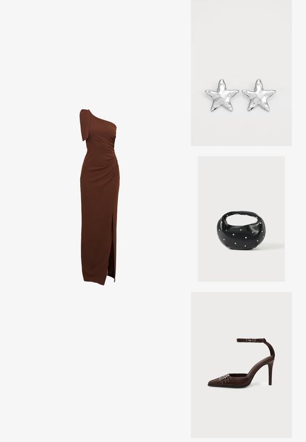Braunes, einseitig getragenes Kleid mit gerafften Details, einem seitlichen Schlitz und einer taillierten Silhouette aus glattem, elastischem Stoff.; Brauner Lederhochabsatzschuh mit spitzer Zehe, drei kleinen silbernen Schnallen vorne und verstellbarem Knöchelriemen mit Schnalle.; Schwarze Lederhandtasche mit abgerundeter Form, verziert mit silbernen Nietenakzenten und kurzem Griff. Glatte Struktur und Reißverschlussverschluss.; Silberne sternförmige Ohrringe mit einer polierten, glänzenden Oberfläche. Jeder Ohrring hat fünf Spitzen und dezente Oberflächentexturdetails.