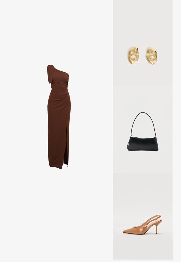Bruin, een-schouder jurk met geplooide details, een zijsplit en een aansluitende pasvorm van glad, rekbaar materiaal.; Puntige slingback hak in een glad, glanzend beige materiaal. Bevat een gebogen uitsnijdontwerp en een slanke stiletto hak. Zilveren gesp detail.; Zwart rechthoekig handtasje met een dunne band en ritssluiting, afgebeeld tegen een effen witte achtergrond.; Een paar glanzende, onregelmatig gevormde gouden metalen oorbellen met een gekreukeld, glad oppervlak op een effen lichte achtergrond.