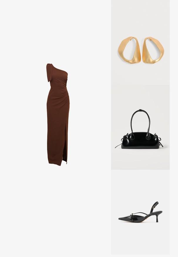 Bruin, een-schouder jurk met geplooide details, een zijsplit en een aansluitende pasvorm van glad, rekbaar materiaal.; ALDO MARIETTA PILLOW WALK - Klassieke pumps - black; Kleine zwarte glanzende handtas met twee lange hengsels en zijkant trekkoord details op een effen lichte achtergrond.; Een paar onregelmatige, asymmetrische gouden oorringen met een gladde, matte afwerking op een neutrale achtergrond.