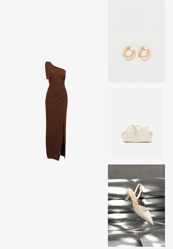 Bruin, een-schouder jurk met geplooide details, een zijsplit en een aansluitende pasvorm van glad, rekbaar materiaal.; Enkel witte slingback pumps met puntige neus en hoge hak, rustend op een glanzend, metallic zilveren gewatteerde oppervlakte.; Zachte, crèmekleurige leren clutch met geplooid, gerimpeld ontwerp en een dunne schouderriem die vooraan op een effen achtergrond ligt.; Set van onregelmatig gevormde, gepolijste hoepel oorbellen van goudkleurig metaal met een open midden op een effen witte achtergrond.