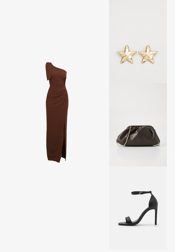 Bruin, een-schouder jurk met geplooide details, een zijsplit en een aansluitende pasvorm van glad, rekbaar materiaal.; Zwarte sandalen met hoge hakken, met een slank ontwerp, voorzien van een enkelbandje, open teen en een gladde leren textuur.; Bruine leren handtas met een geaccentueerd ontwerp, gouden kettinghengsel en een zachte, textuurafwerking. Compacte vorm geschikt voor avondgebruik.; Gouden stervormige oorbellen met een gladde, glanzende afwerking en een driedimensionaal ontwerp, met vijf punten en een licht gebogen textuur.