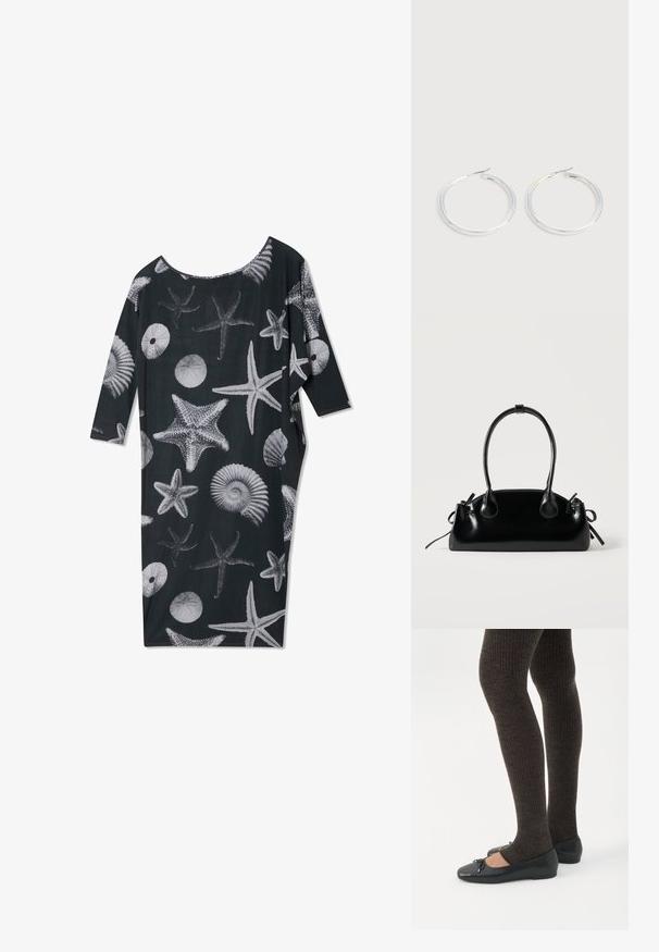 Robe noire à la coupe ample et à l'encolure dégagée, ornée de motifs de coquillages blancs et d'étoiles de mer. Manches trois-quarts.; Jambes portant des leggings côtelés foncés associés à des ballerines noires avec de petits détails en nœud sur fond blanc.; Petit sac à main noir brillant avec deux longues anses et des détails à cordon sur les côtés sur un fond clair uni.; Paire de boucles d'oreilles créoles argentées brillantes avec fermoirs en fil fin, présentée sur un fond gris clair.