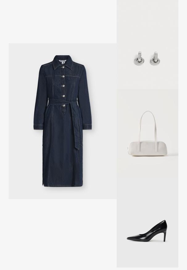 Robe longue en denim bleu foncé avec manches longues, boutons devant, col et ceinture assortie en tissu nouée à la taille.; Chaussure à talon haut en cuir noir avec un bout pointu, texture lisse et un talon effilé. Design minimaliste, sans embellissements supplémentaires.; Sac d'épaule rectangulaire blanc avec des bretelles longues et fines, couture minimale, et fermeture éclair sur un fond uni.; Paire de petites boucles d'oreilles créoles argentées brillantes avec une base ronde, présentées sur un fond clair uni.