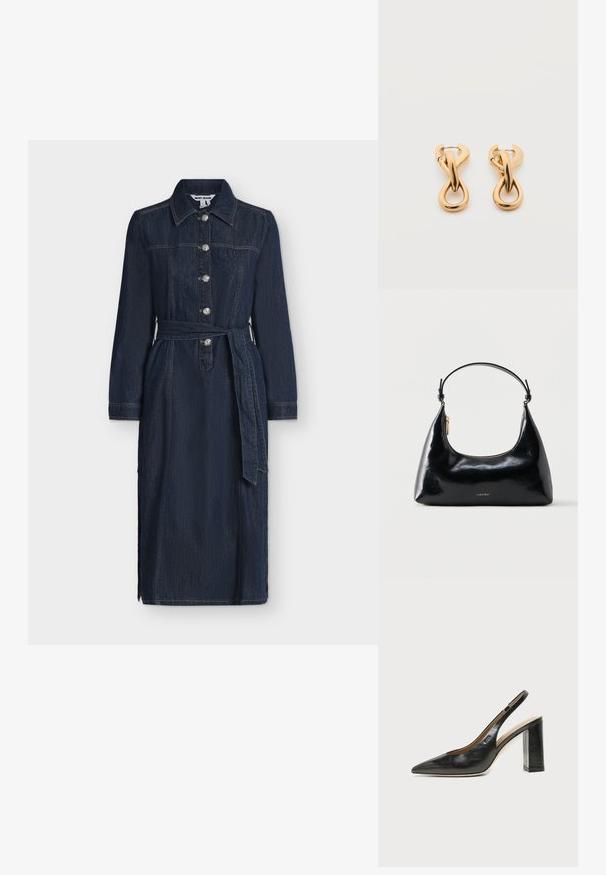 Robe longue en denim bleu foncé avec manches longues, boutons devant, col et ceinture assortie en tissu nouée à la taille.; Chaussure slingback en cuir noir à bout pointu avec un talon bloc haut et une doublure intérieure beige sur un fond clair uni.; Sac à main Calvin Klein noir brillant avec fermeture éclair dorée et anse courte sur fond blanc uni.; Paire de boucles d'oreilles créoles en bouclettes dorées brillantes sur fond blanc uni, présentant un design torsadé entrelacé.