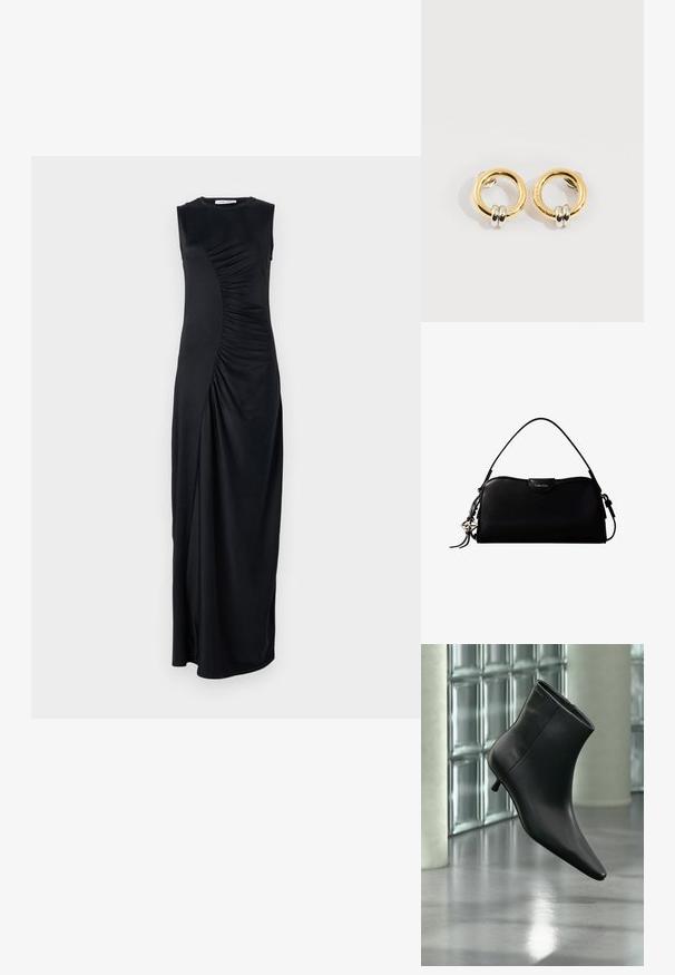 Vestido maxi negro sin mangas con detalles drapeados en el costado, confeccionado en una tela suave; cuenta con un escote redondo y una silueta ajustada.; Botín negro de cuero con punta puntiaguda y tacón bajo estilo kitten, mostrado en ángulo sobre un suelo pulido y con una pared de bloques de vidrio de fondo.; Bolso rectangular negro de Calvin Klein con una única correa superior, dije con el logo plateado y un pequeño cierre de solapa en la parte frontal.; Pendientes circulares de oro con dos pequeños anillos de plata en cada uno, que muestran detalles sutiles del nombre de la marca grabado, colocados sobre un fondo blanco.