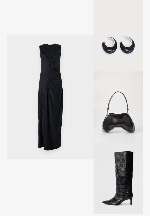 Vestido maxi negro sin mangas con detalles drapeados en el costado, confeccionado en una tela suave; cuenta con un escote redondo y una silueta ajustada.; Botas negras de media caña con textura brillante de patrón de cocodrilo, punta afilada y tacón cónico. Material sintético liso.; Bolso de mano de piel sintética negra con un diseño curvado único, asas cortas y ajustables, y abertura con cremallera en la parte superior. Textura suave con una sutil marca.; Pendientes de aro de resina negra con acabado brillante y acentos de hardware en tono plateado. Forma circular con un corte y cierre a presión.