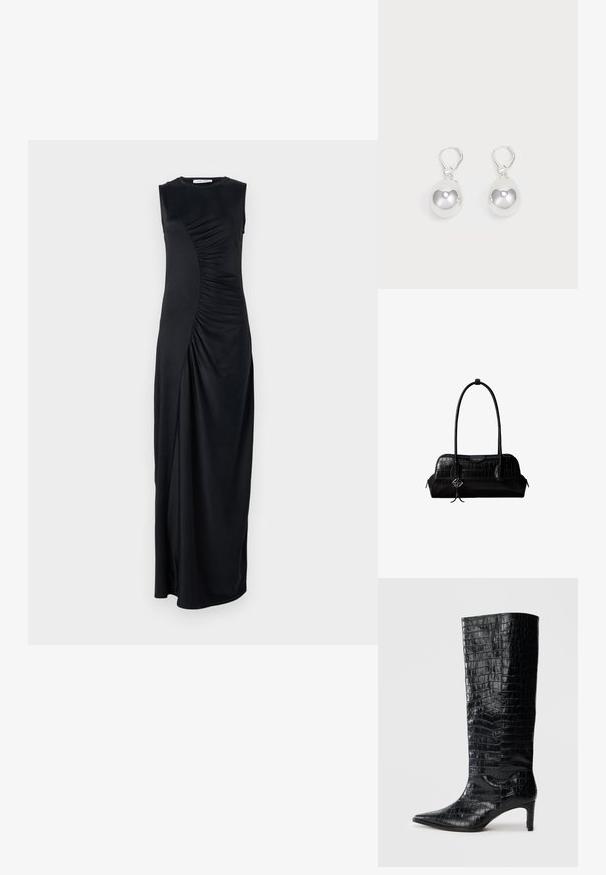 Robe maxi noire sans manches avec des détails drapés sur le côté, fabriquée en tissu lisse ; présente un col rond et une silhouette ajustée.; Bottes noires montantes, avec une texture brillante à motif crocodile, bout pointu et talon effilé. Matériau synthétique lisse.; Sac à épaule en cuir noir à texture crocodile, avec de longues sangles et un petit charm logo argenté sur une sangle.; Boucles d'oreilles en argent en forme de goutte avec des surfaces lisses, rondes et réfléchissantes, suspendues à des fermoirs à ressort. L'arrière-plan est blanc uni.