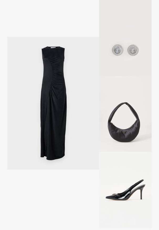 Zwart mouwloos maxi-jurk met gedrapeerde zijdetails, gemaakt van een soepele stof; heeft een ronde halslijn en een aansluitende pasvorm.; Zwarte gepatineerde leren slingback pumps met een spitse neus, slanke stilettohak en decoratieve versiering op de voorkant.; Zwarte satin handtas met een gebogen vorm, voorzien van een ritssluiting en een driehoekig metalen logo aan de voorkant. Gladde textuur en een slank ontwerp.; Ronde zilveren studs met een letter G in het midden, omringd door twee rijen kleine heldere kristallen.
