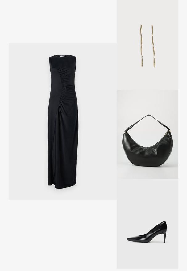 Vestido maxi negro sin mangas con detalles drapeados en el costado, confeccionado en una tela suave; cuenta con un escote redondo y una silueta ajustada.; Zapato de tacón alto de cuero negro con punta afilada, textura suave y tacón en forma de cono. Diseño minimalista, sin adornos adicionales.; Bolso de hombro de cuero negro con una forma curva, textura suave y una sola correa; cuenta con un zipper dorado y un branding sutil.; Pendientes largos de oro compuestos por cuatro barras curvadas enlazadas y alargadas sobre un fondo blanco.