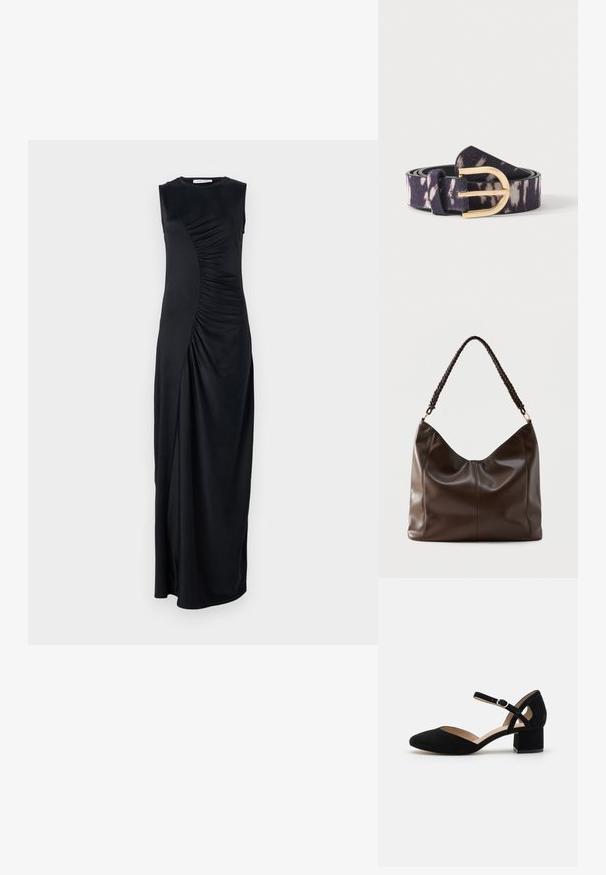 Vestido maxi negro sin mangas con detalles drapeados en el costado, confeccionado en una tela suave; cuenta con un escote redondo y una silueta ajustada.; Zapato de tacón alto de ante negro con punta afilada y un tacón ancho y cuadrado. Presenta una correa ajustable en el tobillo con una hebilla plateada.; Bolso de hombro de cuero marrón oscuro con un asa trenzada y detalles visibles de costuras en la parte frontal.; Cinturón enrollado de color púrpura oscuro y beige con estampado, con hebilla metálica curva dorada sobre fondo blanco.