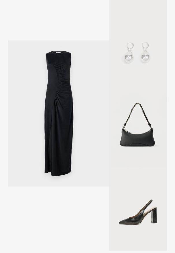 Vestido maxi negro sin mangas con detalles drapeados en el costado, confeccionado en una tela suave; cuenta con un escote redondo y una silueta ajustada.; Zapato slingback de piel negra con puntera puntiaguda, tacón alto y ancho, y forro interior beige sobre un fondo claro y liso.; Bolso de hombro de cuero negro con forma rectangular curvada, cadena dorada entrelazada en una correa negra trenzada y cierre superior con cremallera.; Pendientes de plata en forma de gota con superficies redondas y reflectantes colgando de cierres de palanca. El fondo es blanco liso.