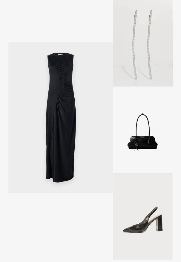Vestido maxi negro sin mangas con detalles drapeados en el costado, confeccionado en una tela suave; cuenta con un escote redondo y una silueta ajustada.; Zapato slingback de piel negra con puntera puntiaguda, tacón alto y ancho, y forro interior beige sobre un fondo claro y liso.; Bolso de hombro negro de cuero con textura de cocodrilo, con correas largas y un pequeño colgante de logo plateado en una correa.; Pendientes alargados en tono plateado con diseño curvado, que presentan una fila de cristales transparentes en los bordes exteriores para un brillo adicional.