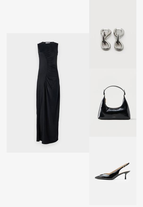 Vestido maxi negro sin mangas con detalles drapeados en el costado, confeccionado en una tela suave; cuenta con un escote redondo y una silueta ajustada.; Tacón slingback de charol negro con puntera puntiaguda, tacón pequeño tipo kitten y correa con hebilla plateada sobre un fondo blanco liso.; Bolso negro brillante de Calvin Klein con cremallera dorada y correa corta sobre un fondo blanco liso.; Par de pendientes de metal con acabado plateado y diseño abstracto de bucles entrelazados sobre un fondo blanco.