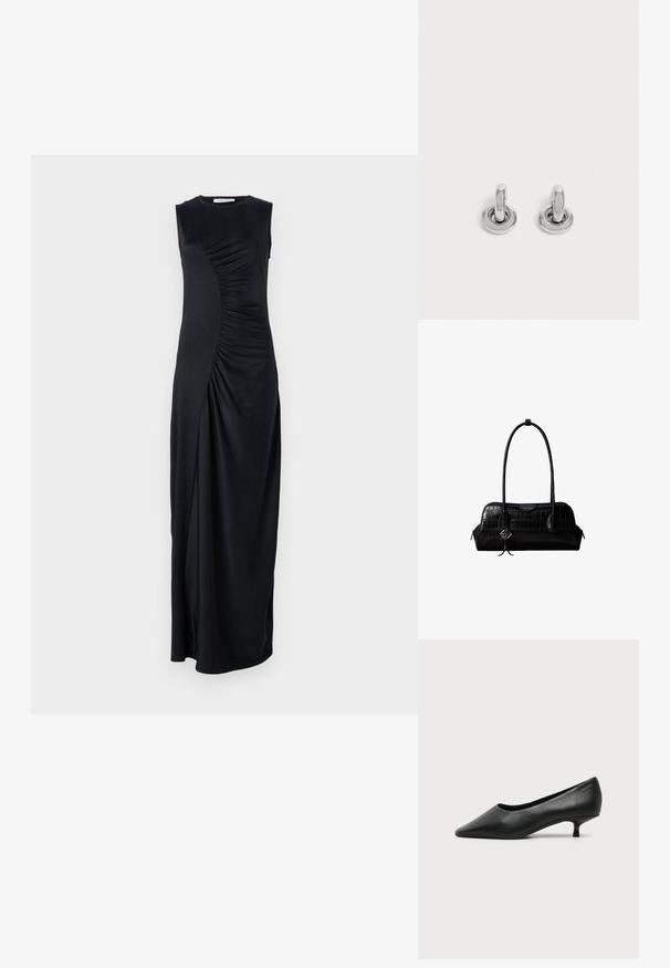 Vestido maxi negro sin mangas con detalles drapeados en el costado, confeccionado en una tela suave; cuenta con un escote redondo y una silueta ajustada.; Zapato de mujer negro de cuero con tacón bajo, puntera puntiaguda y pequeño tacón kitten sobre fondo claro liso.; Bolso de hombro negro de cuero con textura de cocodrilo, con correas largas y un pequeño colgante de logo plateado en una correa.; Par de pequeños pendientes de aro plateados brillantes con base redonda, exhibidos sobre un fondo claro y liso.
