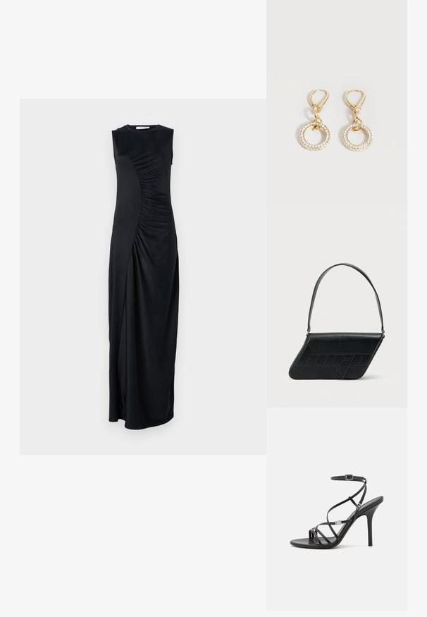 Robe maxi noire sans manches avec des détails drapés sur le côté, fabriquée en tissu lisse ; présente un col rond et une silhouette ajustée.; Sandale noire à talons hauts avec des brides fines, une boucle à la cheville, une surface en cuir lisse et un talon aiguille élancé.; Sac d'épaule en cuir noir de forme triangulaire, avec un logo embossé et une seule bandoulière réglable. Design minimaliste avec une texture lisse.; Boucles d'oreilles créoles en or avec fermoirs à levier, ornées de petits cristaux clairs autour des pendentifs circulaires, présentées sur un fond blanc.
