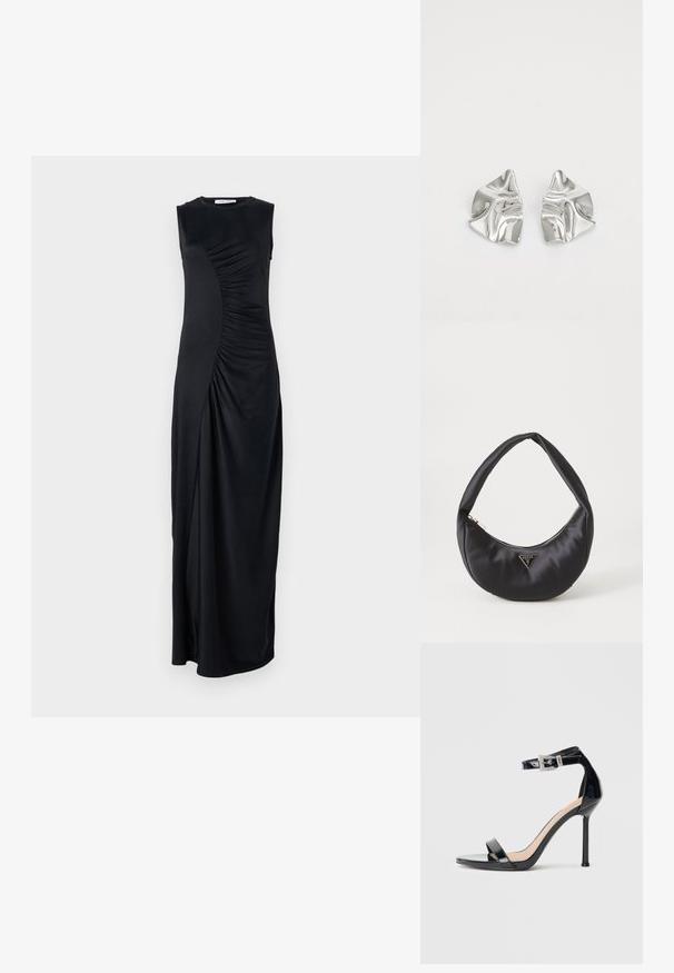Schwarzes, ärmelloses Maxikleid mit drapiertem Seitendetail, aus glattem Stoff gefertigt; hat einen runden Ausschnitt und eine figurbetonte Silhouette.; Schwarzer Riemchensandale aus Lackleder mit hohem Absatz und Knöchelriemen. Verfügt über ein minimalistisches Design, offene Zehenpartie und eine Schnalle mit Strassakzenten.; Schwarze Satin-Handtasche mit geschwungener Form, ausgestattet mit einem Reißverschluss und einem dreieckigen Metallsymbol auf der Vorderseite. Glatte Textur und elegantes Design.; Silberne Metallohrringe mit einem wellenförmigen, skulpturalen Design, das eine polierte Oberfläche und unregelmäßige Formen aufweist, die eine zeitgenössische Ästhetik betonen.