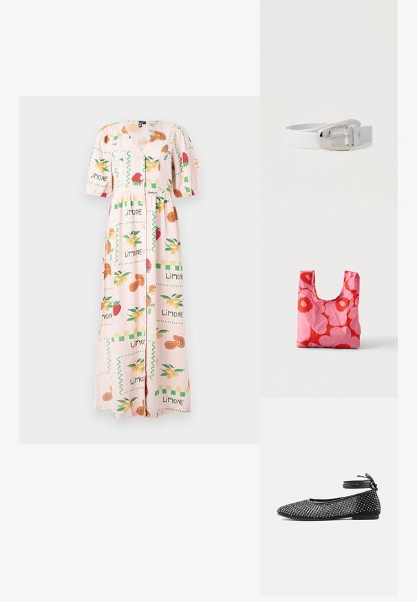 Maximeinen mekko, joka on valmistettu kevyestä kankaasta vaaleanpunaisena, sisältää hedelmäkuvioita, napit edessä ja puffihihat, joissa on vartalonmyötäinen vyötärö.; Musta matala kenkä, jossa on verkkokangasta ja strassikoristeita, nilkan ympäri kiedottavat nyörinauhakiinnitykset, jotka on sidottu rusetiksi.; Uudelleenkäytettävä ostoskassi, jossa on pinkki ja punainen kukkakuvio, seisoo pystyssä vaalealla yksivärisellä taustalla.; Valkoinen nahkavyö, jossa on sileä pinta, varustettu hopeisella metallisoljella ja yhdellä lenkillä, suunniteltu säädettävään istuvuuteen.