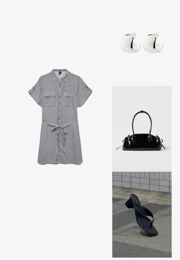 Luftig button-up skjorte i marineblå og hvide vertikale striber. Har to brystlommer, korte ærmer og et bundet bælte i taljen.; Sort hælet sandal med firkantet tå og brede stropper, vist mod en flisebelagt væg og tekstureret jordoverflade.; Lille sort blank håndtaske med to lange håndtag og snøre-detaljer i siden på en ensfarvet lys baggrund.; Par polerede sølvøreringe i halvmåneform med lukning bagpå på hvid baggrund.