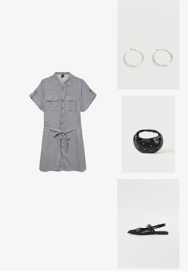 Chemise à boutons respirante avec des rayures verticales bleu marine et blanches. Elle présente deux poches poitrine, des manches courtes et une ceinture nouée à la taille.; Even&Odd by Zalando Ballerines à brides arrière - black; Sac à main en cuir noir de forme arrondie, décoré de clous argentés et équipé d'une poignée courte. Texture lisse et fermeture éclair.; Boucles d’oreilles créoles en métal argenté avec une surface lisse légèrement incurvée et des fermoirs à clapet sur un fond blanc uni.