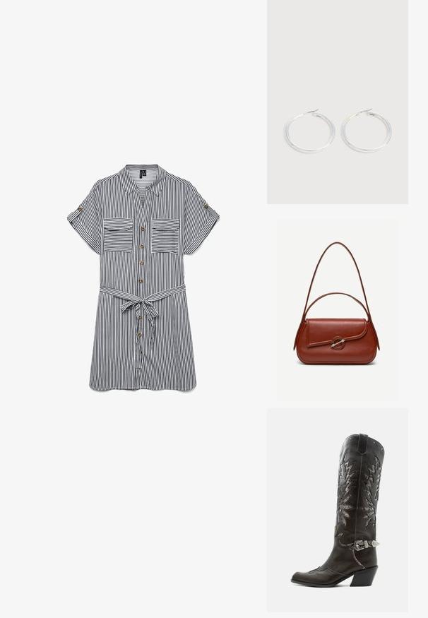 Adembenemend button-up shirt in marineblauw en witte verticale strepen. Heeft twee borstzakken, korte mouwen en een strikriem in de taille.; Zwarte leren cowboylaars met decoratieve uitsnijdingen, zilveren gesp en schuine hak, weergegeven op een witte achtergrond.; Bruine leren schoudertas met afgeronde rechthoekige vorm, asymmetrische klep, zilveren ronde sluiting en twee dunne bandjes.; Een paar glanzende zilveren oorringen met dunne draadafsluitingen, getoond op een lichtgrijze achtergrond.
