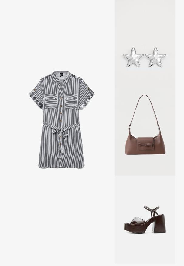 Adembenemend button-up shirt in marineblauw en witte verticale strepen. Heeft twee borstzakken, korte mouwen en een strikriem in de taille.; Donkerbruine leren platformsandaal met een stevige blokhak, open teen en verstelbare enkelriem met metalen gesp.; Bruine leren schoudertas met een voorvak met klep en een gestikte strikdetail en een verstelbare band.; Zilveren stervormige oorbellen met een gepolijste, glanzende afwerking. Elke oorbel heeft vijf punten en subtiele textuurdetails op het oppervlak.