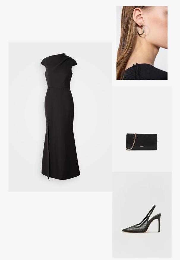Robe noire sans manches avec un col haut, un corsage ajusté et une jupe longue avec une fente sur le côté, présentant une texture lisse et mate.; L'escarpin noir à bout pointu présente un design en maille, une bride de cheville avec une boucle en argent et un talon aiguille haut. Texture lisse dans l'ensemble.; Porte-monnaie noir en daim avec une finition texturée, doté d'une chaîne dorée et d'un design épuré et angulaire.; Boucle d'oreille en argent avec une finition polie, présentant de petits détails en or et de forme ronde, portée sur le lobe.