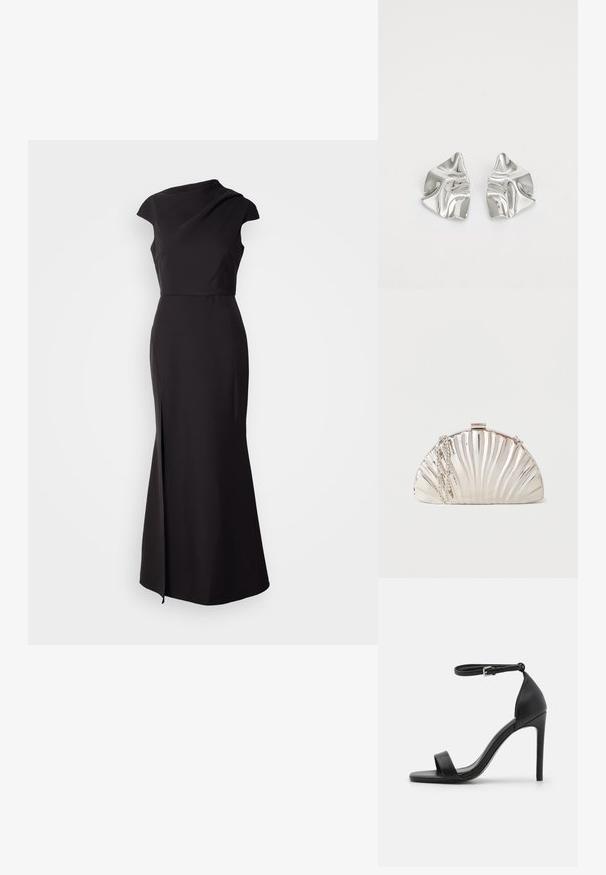 Robe noire sans manches avec un col haut, un corsage ajusté et une jupe longue avec une fente sur le côté, présentant une texture lisse et mate.; Sandale noire à talons hauts au design épuré, avec une bride au niveau de la cheville, un bout ouvert et une texture en cuir lisse.; Pochette argentée métallique en forme de coquillage, avec une chaîne en argent drapée sur le côté.; Boucles d'oreilles en métal argenté avec un design ondulé et sculptural, présentant une finition polie et des formes irrégulières, mettant en valeur une esthétique contemporaine.