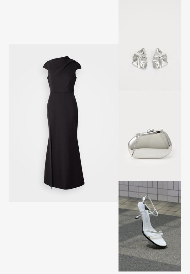 Vestido negro sin mangas con un cuello alto, corsé ajustado y falda larga con una abertura lateral y textura suave y mate.; Sandalia de tacón alto con tiras blancas, tacón delgado, suela negra y nombre de la marca "Replay" en la plantilla, fotografiada sobre asfalto cerca de una pared con azulejos.; Clutch de metal plateado con forma redondeada y suave. Cuenta con un cierre de broche y una cadena desmontable. Superficie reflectante sin patrones.; Pendientes de metal plateado con un diseño ondulado y escultórico, que presentan un acabado pulido y formas irregulares, destacando una estética contemporánea.