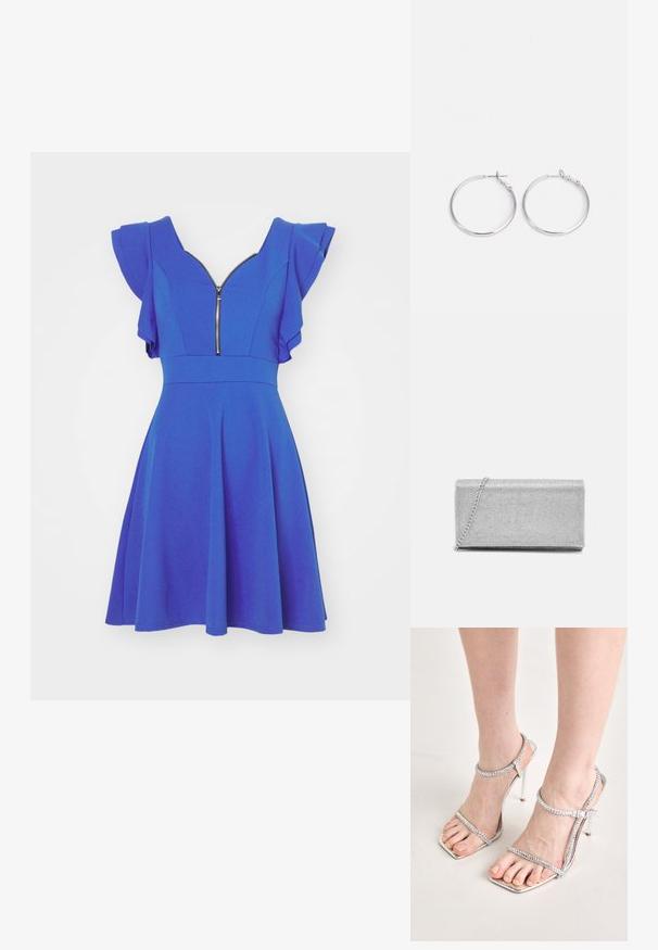 Vestido azul con mangas acampanadas, escote en V y cremallera frontal. Diseño de falda acampanada y textura de tela suave. Sencillo, sin patrones.; Pies que llevan sandalias de tacón alto plateadas con correas finas y puntas cuadradas, de pie sobre una superficie de color claro.; Bolso de mano metálico plateado con diseño de malla trenzada, forma rectangular y una cadena para llevar. Textura suave y acabado pulido.; sweet deluxe EARRING - Pendientes - silver-coloured