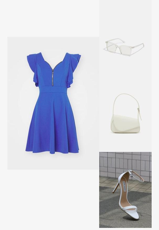 Vestido azul con mangas acampanadas, escote en V y cremallera frontal. Diseño de falda acampanada y textura de tela suave. Sencillo, sin patrones.; Sandalia blanca de tacón alto con tira en el tobillo, punta puntiaguda, textura de cuero suave y tacón stiletto delgado. Etiqueta "Steve Madden" visible.; Gafas cuadradas de plástico transparente con lentes translúcidos, que cuentan con acentos dorados en las patillas para un detalle adicional.; Bolso de mano de imitación cuero blanco con una forma triangular estructurada, correa ajustable única y cierre con solapa acentuada en curva.