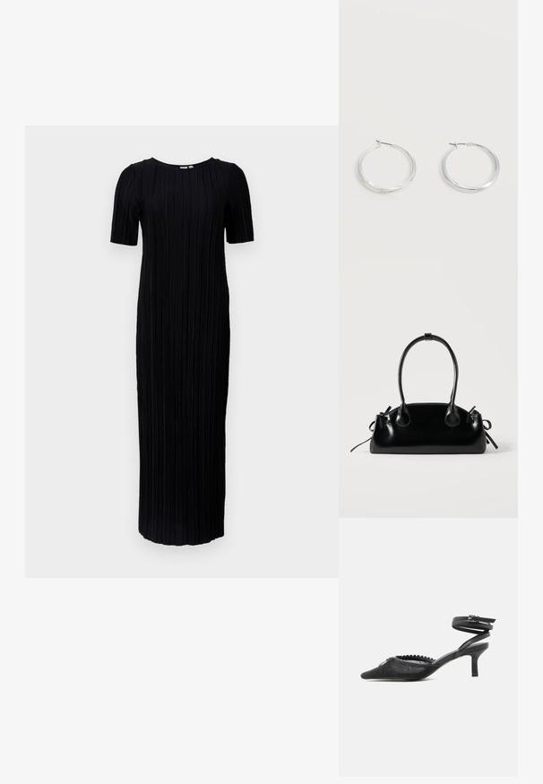 Schwarzes Maxikleid mit kurzen Ärmeln, das eine gerippte Textur und vertikale Falten im gesamten Stoff aufweist, Rundhalsausschnitt und bodenlangen Schnitt.; Schwarzer spitzer Kitten-Heel mit Spitze, gewelltem Rand und umwickelndem Knöchelriemen mit Schnallenverschluss.; Kleine schwarze glänzende Handtasche mit zwei langen Griffen und seitlichen Kordelzug-Details vor einfachem hellem Hintergrund.; Silberne Metallcreolen mit glatter, leicht gebogener Oberfläche und Klappverschluss vor schlicht weißem Hintergrund.