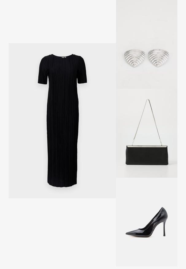 Schwarzes Maxikleid mit kurzen Ärmeln, das eine gerippte Textur und vertikale Falten im gesamten Stoff aufweist, Rundhalsausschnitt und bodenlangen Schnitt.; Schwarzer High-Heeled-Pump mit spitzer Zehenpartie, glänzendem Lackleder-Finish und ausgeschnittenem Design an den Seiten, ausgestattet mit einem schlanken Stiletto-Absatz.; Schwarze Leder-Clutch mit einem silbernen Metallkette-Griff und einer eleganten rechteckigen Form. Mattes Finish und minimalistisches Design mit einem metallischen Akzent.; Ohrringe in Silberoptik mit einem wellenförmigen, strukturierten Design, das wie überlappende Halbmonden geformt ist; die polierte Oberfläche verstärkt die reflektierenden Eigenschaften.