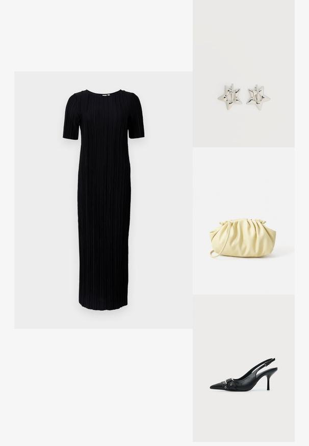 Schwarzes Maxikleid mit kurzen Ärmeln, das eine gerippte Textur und vertikale Falten im gesamten Stoff aufweist, Rundhalsausschnitt und bodenlangen Schnitt.; Schwarzer Leder Slingback-Pumps mit spitzer Vorderkappe und einem Schnallen- und Ösenriemen vorne.; Gelbe, gefaltete Handtasche aus glattem Kunstleder mit weicher Form, einzigem Schulterriemen und gerafftem Oberteil.; Silberne, sternförmige Creolen mit einer glatten, polierten Oberfläche auf weißem, schlichtem Hintergrund.