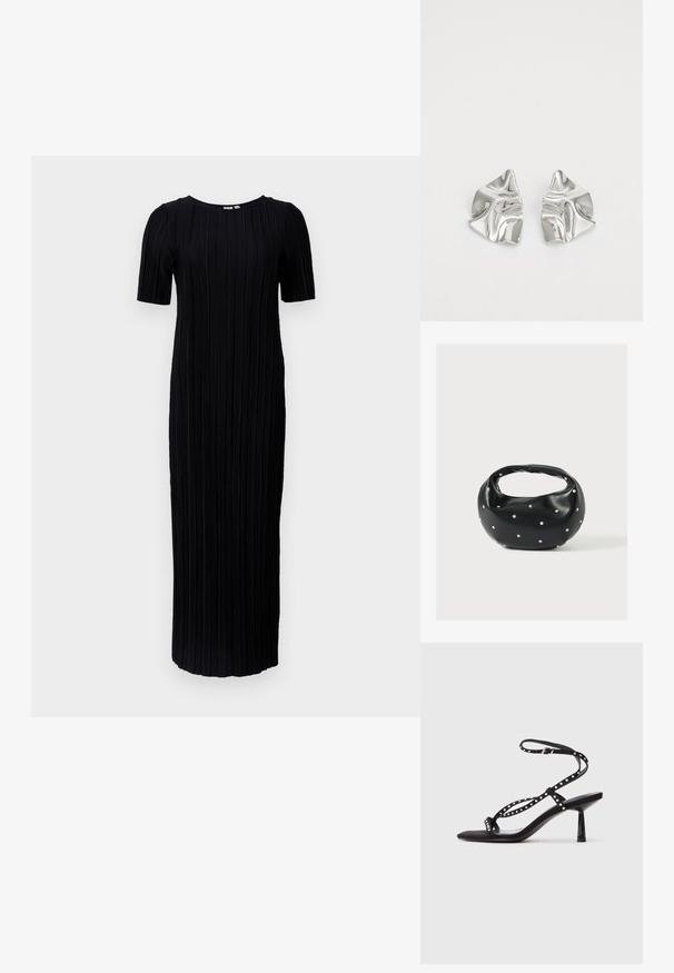 Schwarzes Maxikleid mit kurzen Ärmeln, das eine gerippte Textur und vertikale Falten im gesamten Stoff aufweist, Rundhalsausschnitt und bodenlangen Schnitt.; Schwarze Wildleder-High-Heelsandalen mit spitzem Zehenbereich, Knöchelriemen und dekorativen Nietenverzierungen an den Riemen.; Schwarze Lederhandtasche mit abgerundeter Form, verziert mit silbernen Nietenakzenten und kurzem Griff. Glatte Struktur und Reißverschlussverschluss.; Silberne Metallohrringe mit einem wellenförmigen, skulpturalen Design, das eine polierte Oberfläche und unregelmäßige Formen aufweist, die eine zeitgenössische Ästhetik betonen.