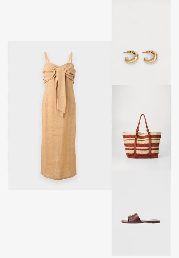 Robe maxi beige en lin sans bretelles avec un buste froncé et une longue ceinture large en tissu suspendue au centre devant.; Sandale à glissière plate en cuir bordeaux avec embellissements dorés sur la large bride, semelle noire et design à bout ouvert.; Vanessa Bruno CABAS - Cabas - terracota; Deux boucles d'oreilles en forme de cerceau en or brillant, avec un design courbé, présentant des accents orange près de la tige, sur fond blanc uni.
