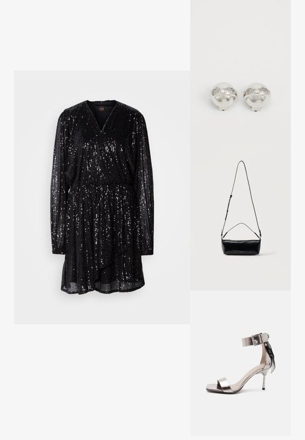 Vestido negro de lentejuelas con escote en V, mangas largas y cintura fruncida. Cae suelto con un dobladillo ligeramente acampanado y superficie texturizada.; Sandalia de tacón alto plateada metálica con puntera abierta y correa en el tobillo con hebilla, con un lazo decorativo en la parte trasera.; Bolso cruzado rectangular de cuero negro con correa de hombro ajustable, cremallera superior y pequeño logo dorado de Calvin Klein en el frente.; Pendientes de clip plateados con forma de cúpula y una banda grabada con "Fiorucci" alrededor del centro, con una superficie pulida y reflectante.