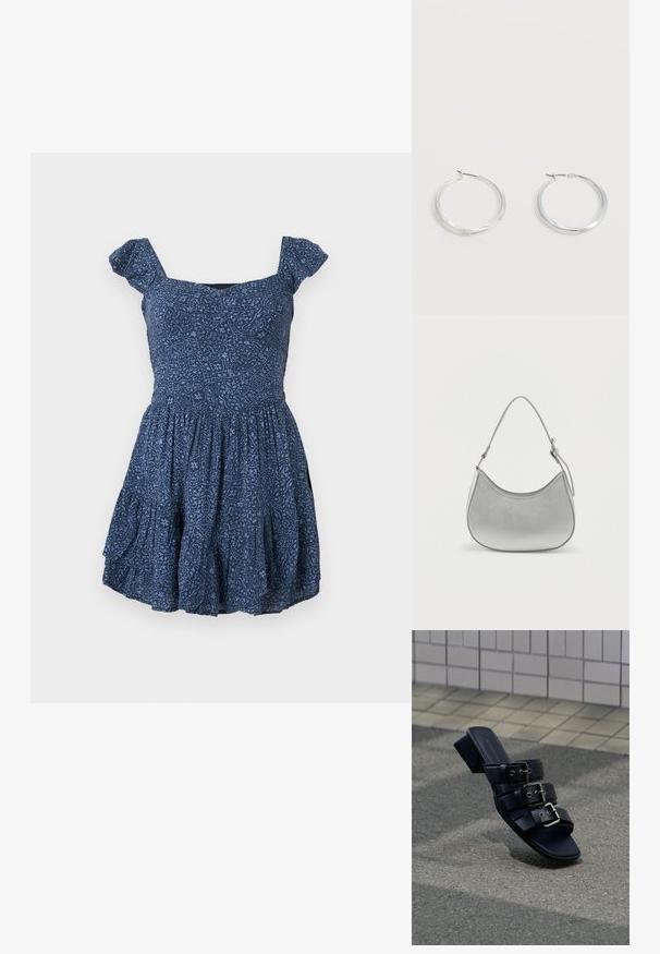 Vestido azul marino con tela estampada, escote cuadrado y mangas cortas abullonadas. Falda acampanada con detalles fruncidos.; Sandalia mule negra de punta abierta con tres correas con hebillas y un tacón bajo tipo bloque colocada sobre una superficie de asfalto cerca de un pavimento de baldosas.; Bolso de mano de imitación cuero plateado con forma curva, correa corta ajustable y textura suave, que presenta un detalle de costura minimalista.; Pendientes de aro de metal plateado con superficie lisa y ligeramente curvada y cierre de tipo mosquetón sobre un fondo blanco liso.