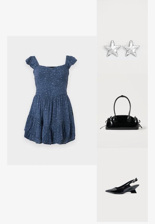 Vestido azul marino con tela estampada, escote cuadrado y mangas cortas abullonadas. Falda acampanada con detalles fruncidos.; Zapato slingback de cuero charol negro con puntera puntiaguda y tacón bajo en bloque inclinado sobre fondo claro liso.; Pequeño bolso negro brillante con dos asas largas y detalles de cordón lateral sobre un fondo claro liso.; Pendientes en forma de estrella plateada con una superficie pulida y brillante. Cada pendiente presenta cinco puntas y sutiles detalles de textura en la superficie.