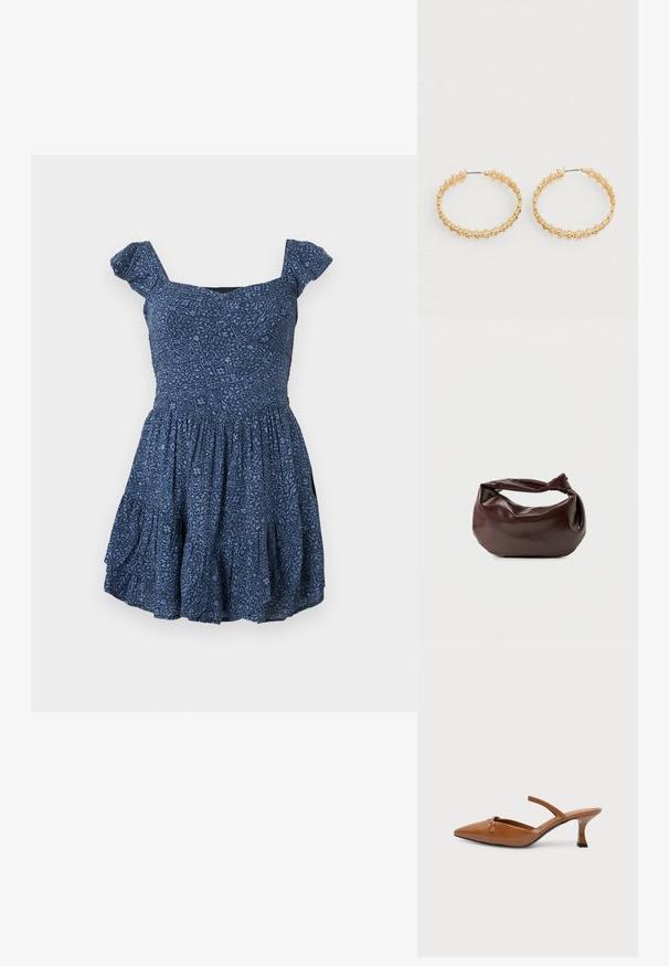 Vestido azul marino con tela estampada, escote cuadrado y mangas cortas abullonadas. Falda acampanada con detalles fruncidos.; Mule de piel marrón con punta afilada, tacón medio delgado y una fina correa sobre el empeine con una pequeña hebilla dorada.; Bolso de hombro de cuero marrón oscuro con una forma suave y caída, y un asa con nudo torcido sobre un fondo blanco liso.; Pendientes de aro de oro con un diseño texturizado y pequeñas cuentas redondas a lo largo del borde exterior. Ligeros y con un cierre seguro.