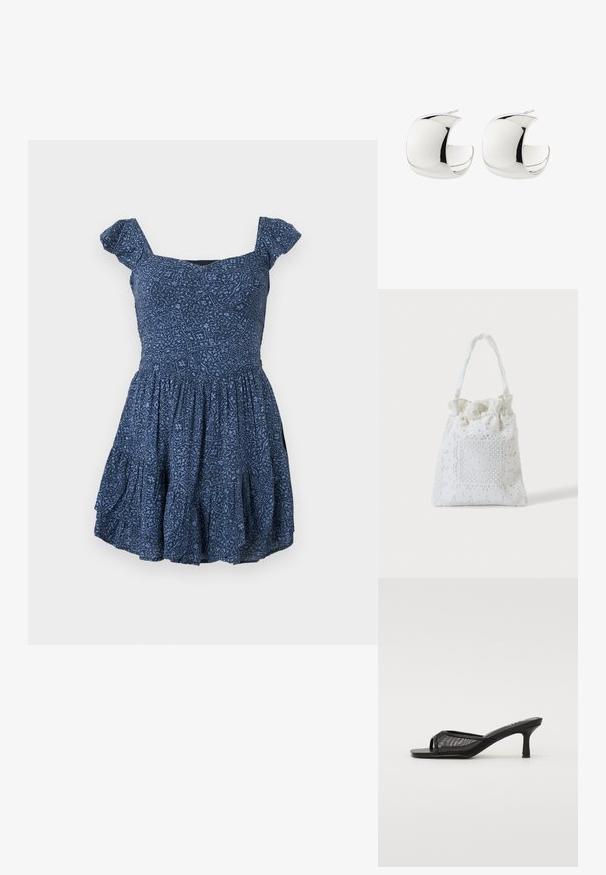 Vestido azul marino con tela estampada, escote cuadrado y mangas cortas abullonadas. Falda acampanada con detalles fruncidos.; RAID TIANA - Zapatos de novia - black; Bolsa de tela blanca con bordado floral de encaje y una asa superior fruncida, mostrada sobre un fondo claro y liso.; Par de pendientes de aro pulidos en forma de media luna de plata con cierre trasero de presión sobre fondo blanco.