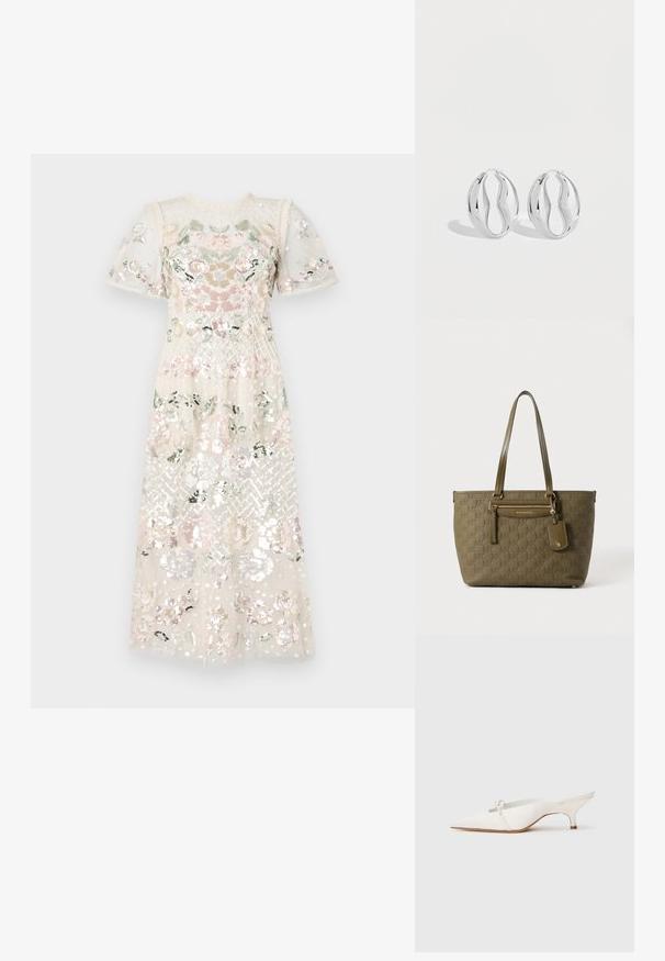 Kleid aus transparentem, paillettenbesetztem Stoff mit floralen Stickereien in Pastellfarben. Kurze Puffärmel und runder Ausschnitt. Midi-Länge.; Weißer Slingback-Schuh mit spitzer Zehenpartie und niedrigem Absatz, der auf der Vorderseite mit einer dekorativen Perle akzentuiert ist und über eine glatte Satin-Oberfläche verfügt.; Olivgrüne Michael Kors Tote Bag mit geprägtem Logomuster, doppelten Schulterriemen, Frontreißverschlusstasche und angebrachtem Lederetikett.; Paar glänzende silberne Creolen mit einem gedrehten, wellenförmigen Design, auf einem schlichten hellen Hintergrund präsentiert.