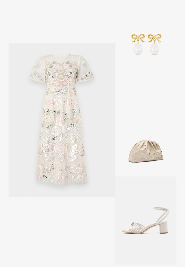 Robe en tissu léger et pailleté avec broderies florales dans des couleurs pastel. Manches courtes bouffantes et décolleté rond. Longueur midi.; Sandale à talon bloc en crème avec design de bride torsadée, texture lisse, bride de cheville réglable et bout ouvert.; Pochette souple beige avec un haut froncé et des clous métalliques dorés uniformément espacés sur la surface, posée sur un fond blanc.; Boucles d'oreilles dorées présentent un design en forme de nœud avec une perle blanche suspendue. Les perles ont une forme en goutte d'eau et une surface lisse.