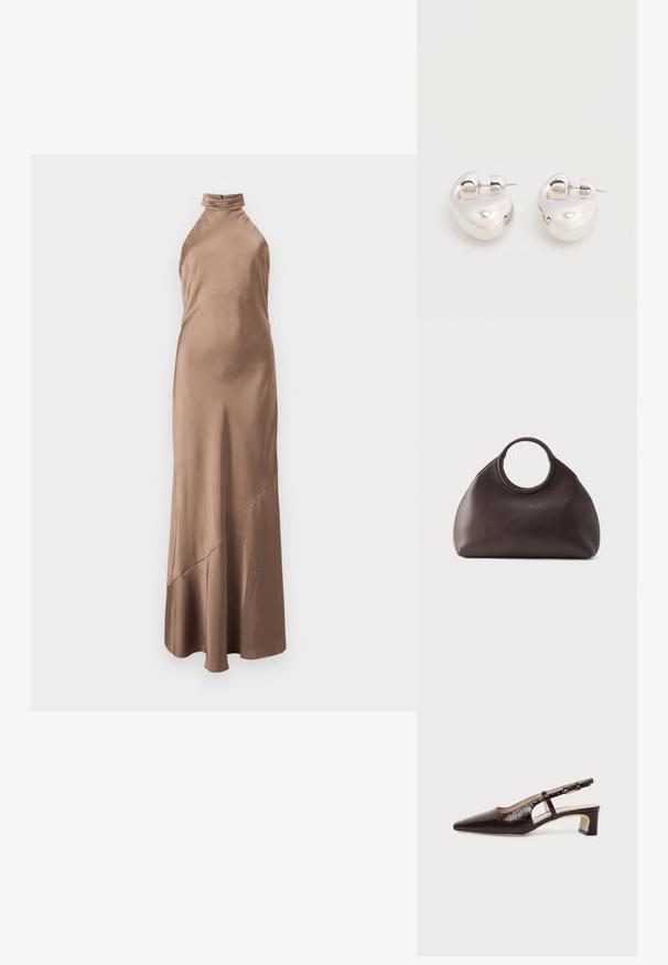 Robe longue sans manches en satin brun clair avec un col montant plissé et un détail d'ourlet asymétrique sur la jupe.; Chaussure slingback en cuir marron foncé à texture crocodile, bout pointu, talon bas bloc et bride ajustable avec boucle dorée.; Sac à main en cuir marron foncé avec des poignées tressées rondes et une forme douce et arrondie sur un fond clair uni.; Paire de boucles d'oreilles argentées brillantes et épaisses avec fermoirs à tige, sur fond blanc uni.