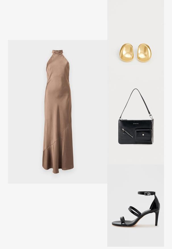 Robe longue sans manches en satin brun clair avec un col montant plissé et un détail d'ourlet asymétrique sur la jupe.; Sandale à talon haut en cuir verni noir avec trois fines lanières et une bride de cheville avec une boucle ronde.; Sac à bandoulière en cuir noir Michael Kors avec fermeture éclair supérieure, poche avant zippée en diagonale, poche à rabat avec bouton-pression et détail en chaîne argentée.; Boucles d'oreilles en forme de clou de couleur or, avec une forme lisse et arrondie et une surface réfléchissante, mettant en avant un design minimaliste sans motifs visibles.