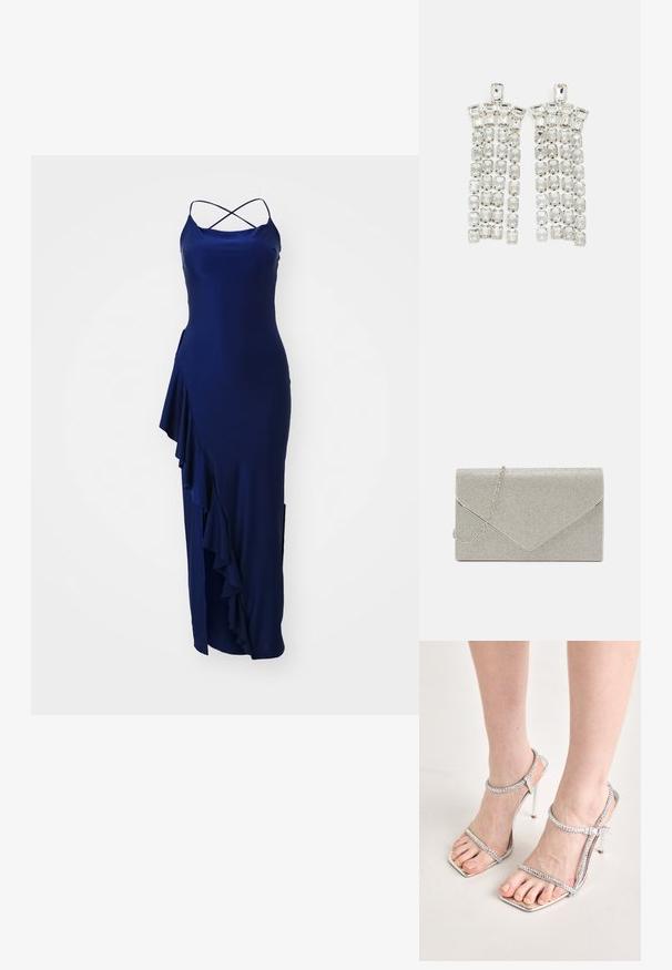 Navyblaues Maxikleid mit dünnen, gekreuzten Trägern, seitlichem Rüschendetail und einem hohen Schlitz für Bewegungsfreiheit, aus einem glatten Stoff gefertigt.; Füße, die silberne High-Heelsandalen mit dünnen Riemen und quadratischen Zehen tragen, stehen auf einer hellen Oberfläche.; Metallisch silberne Clutch mit einem Umschlagdesign, verziert mit einem strukturierten Muster und ausgestattet mit einem abnehmbaren Kettenriemen.; Kristall-Tropfenohrringe mit silberfarbener Hardware, die mit mehreren rechteckigen und quadratischen Edelsteinen in kaskadierenden Reihen angeordnet sind.