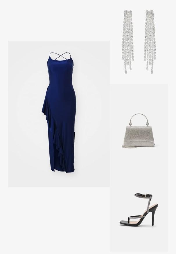 Robe maxi bleu marine avec de fines bretelles croisées dans le dos, ornée d'un volant sur le côté et d'une fente haute pour faciliter les mouvements, confectionnée dans un tissu lisse.; RAID RORY - Sandales à talons hauts - black; ALDO FELISIA - Sac à main - silver-coloured; De longues boucles d'oreilles en argent ornées d'un assortiment de cristaux transparents à facettes, disposés en fils cascade de longueurs et de formes variées.