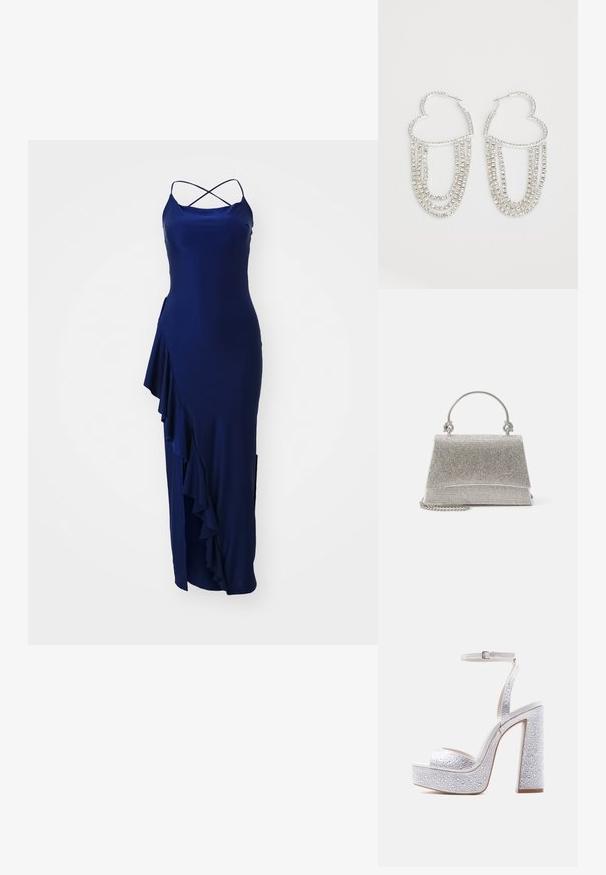 Navyblaues Maxikleid mit dünnen, gekreuzten Trägern, seitlichem Rüschendetail und einem hohen Schlitz für Bewegungsfreiheit, aus einem glatten Stoff gefertigt.; Weiße Plateau-Sandale mit hohem Absatz, Knöchelriemen, Blockabsatz und funkelnden Strassverzierungen an den Riemen und dem Absatz.; ALDO FELISIA - Handtasche - silver-coloured; Silberne Creolen in Herzform, verziert mit herabhängenden Strängen aus klaren Strasssteinen für zusätzlichen Glanz und Textur.