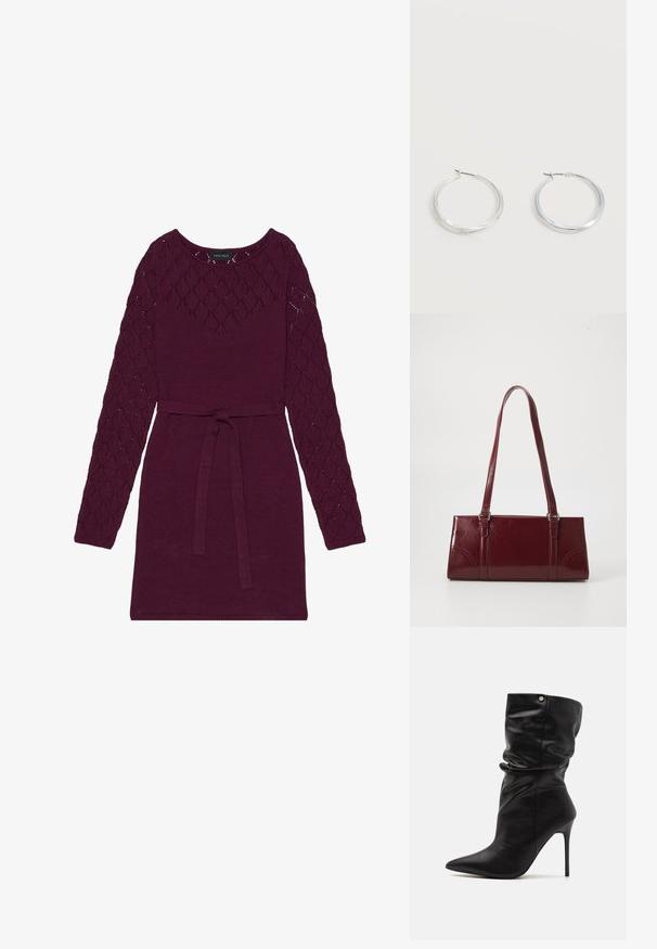 Bordeaux gebreide jurk met lange mouwen in ruitpatroon, een ronde halslijn en een bijpassende riem in de taille.; Even&Odd Wide Fit by Zalando Enkellaarsjes met hoge hak - black; Bourgondische handtas van glanzend materiaal, rechthoekige vorm, met twee schouderbanden en subtiele gebogen accenten aan de voorkant.; Zilverkleurige metalen creolen oorbellen met een glad, licht gebogen oppervlak en sluitingen met haaksluiting op een effen witte achtergrond.